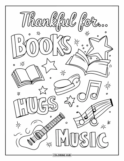 Coloriage de gratitude pour enfants : L'inscription "Thankful For" accompagnée de petites icônes flottantes de livres, d'étoiles, de câlins et de musique