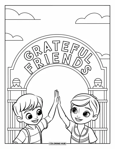 Coloriage de gratitude pour enfants : Deux enfants joyeux se tapent dans la main sous une arche "Grateful Friends" avec des nuages au-dessus