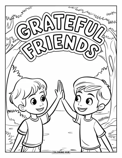 Coloriage de gratitude pour enfants : Deux enfants se tapent dans la main sous une arche "Grateful Friends" dans une scène enjouée