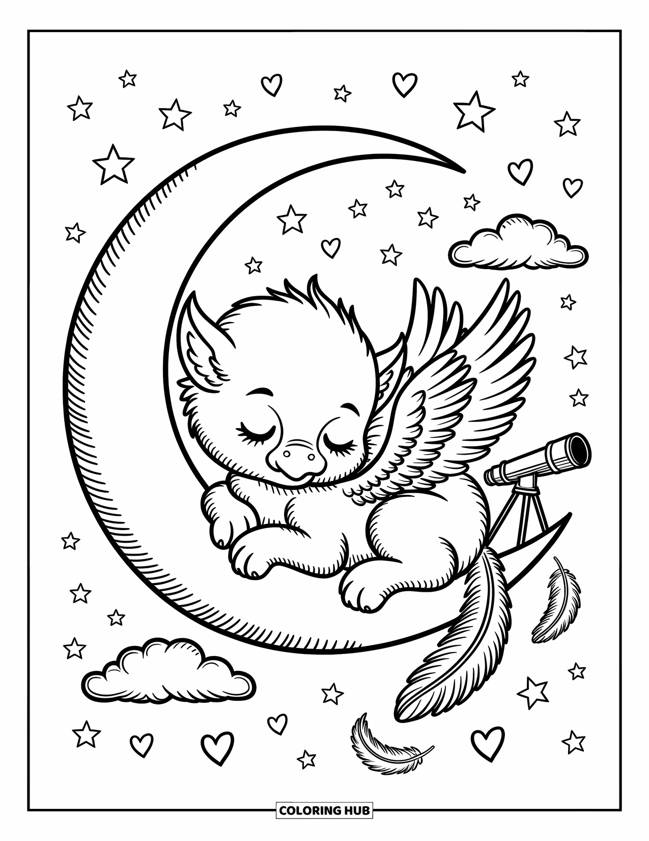 Griffin Coloring Page for Adults: A baby griffin sleeps in the moonlight with clouds, tiny hearts, and a stargazing scope