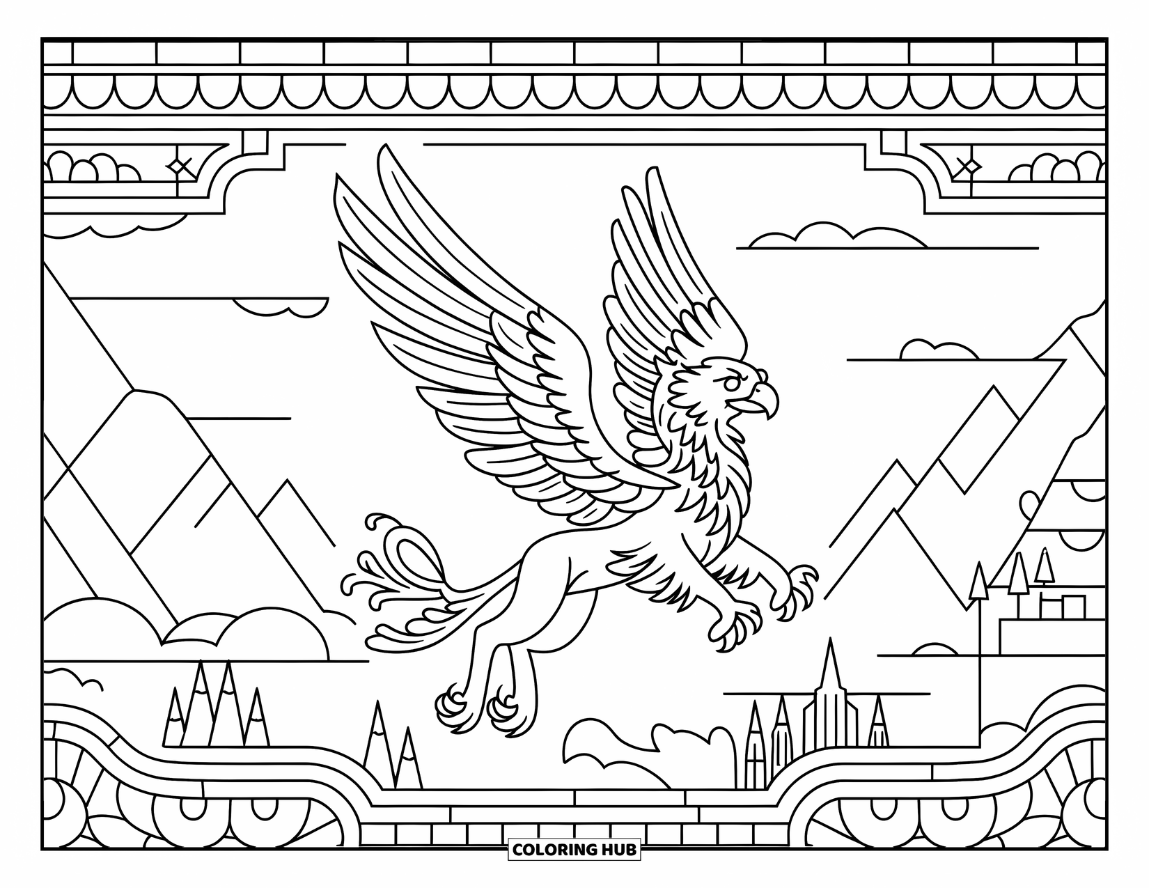Griffin Coloring Page for Adults: A flying griffin glides through stained glass borders over a peaceful landscape