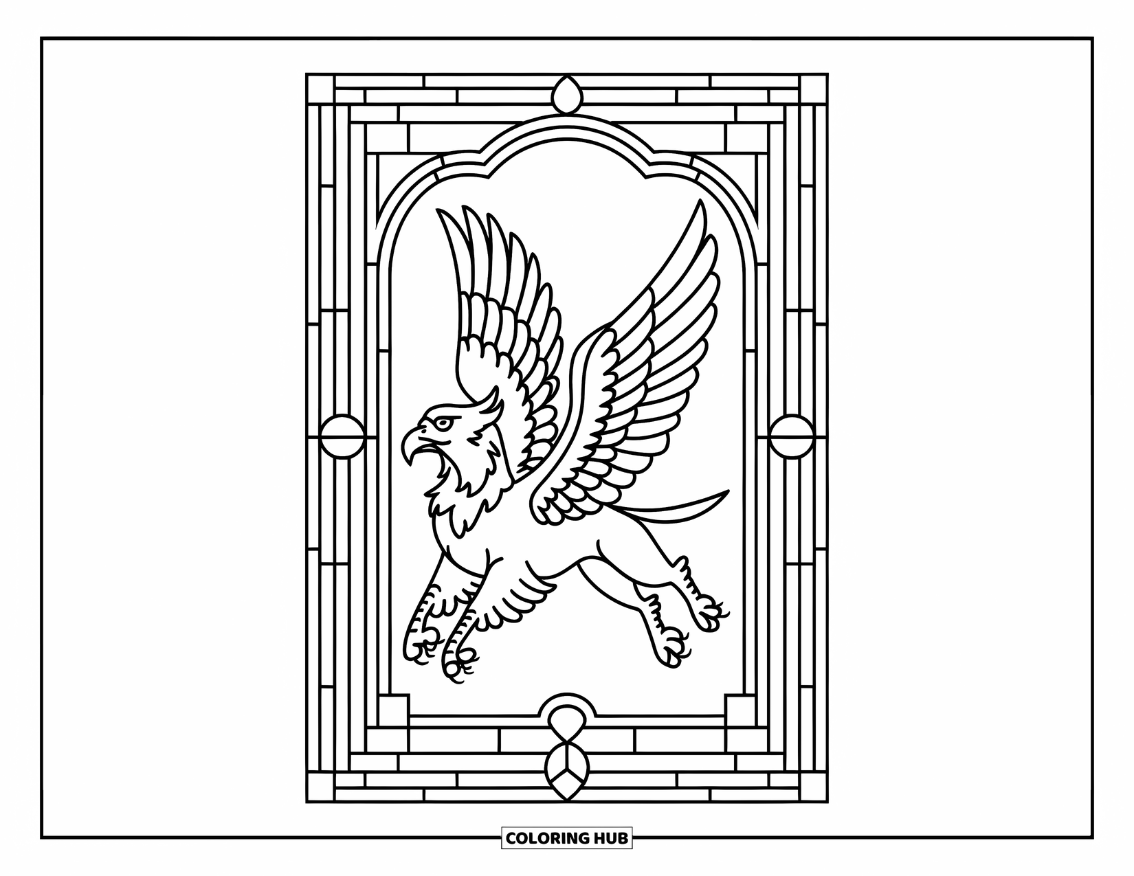 Griffin Coloring Page for Adults: A flying griffin spreads its wings through ornate stained glass shapes