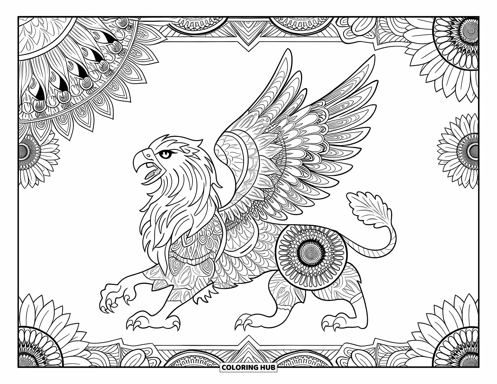 Griffin Coloring Page for Adults: A griffin mid-roar is covered in detailed sunflower and oak leaf patterns