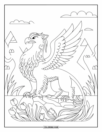 Fargeleggingsark med griffin for voksne: En majestetisk griffin står på stein omgitt av ranker, tulipaner og fjell i det fjerne