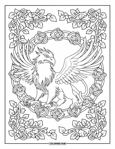 Fargeleggingsark med griffin for voksne: En majestetisk griffin står omgitt av eføy- og rosemandalaer