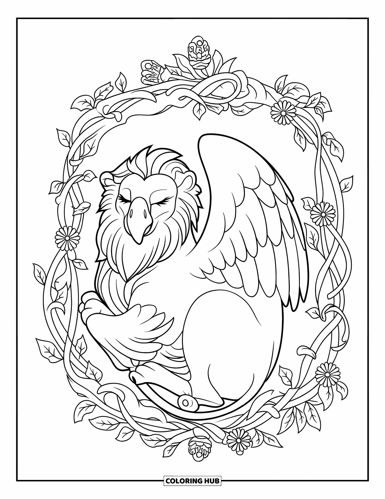 Griffin Coloring Page for Adults: A peaceful griffin curls inside an ornate floral frame