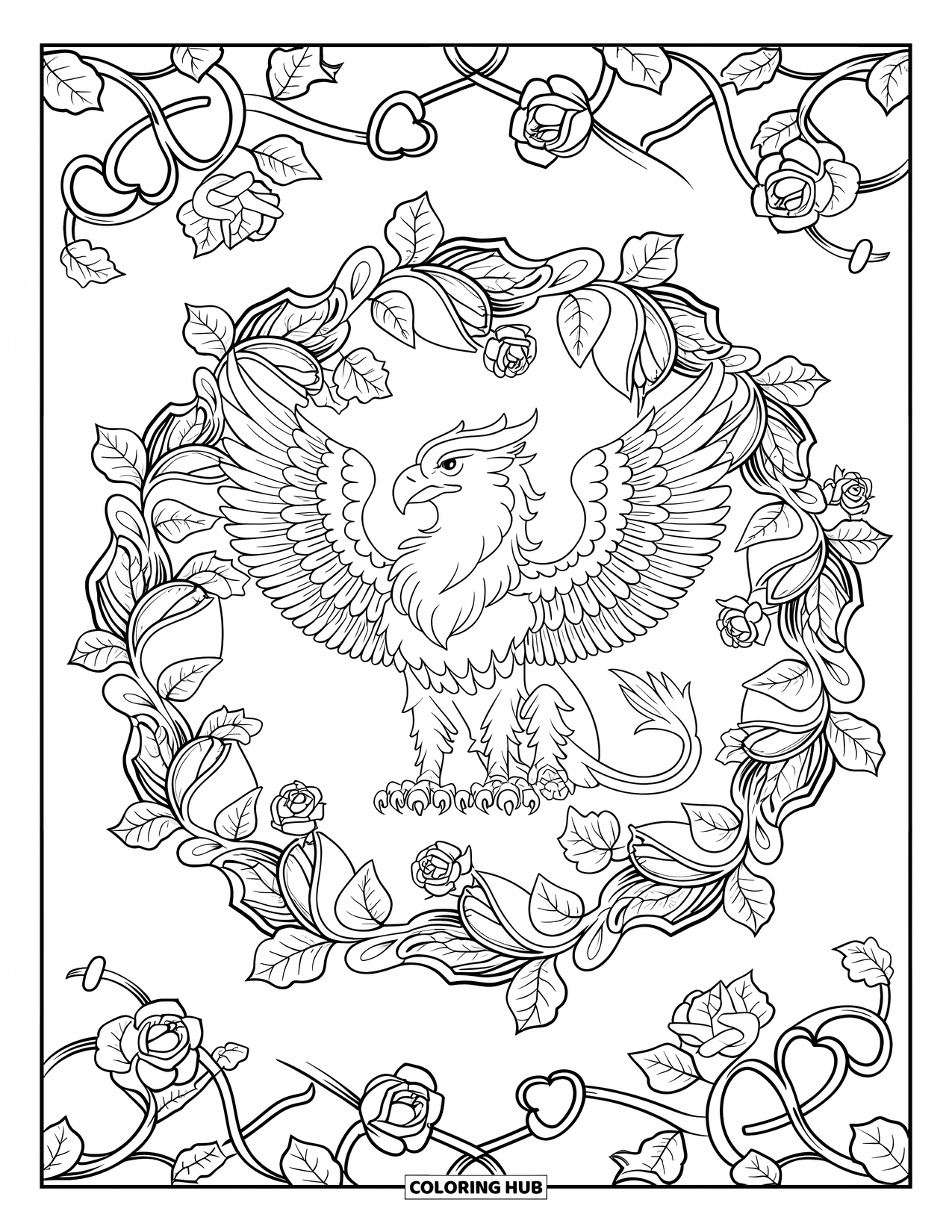 Griffin Coloring Page for Adults: A proud griffin stands within detailed ivy and rose mandalas and heart borders