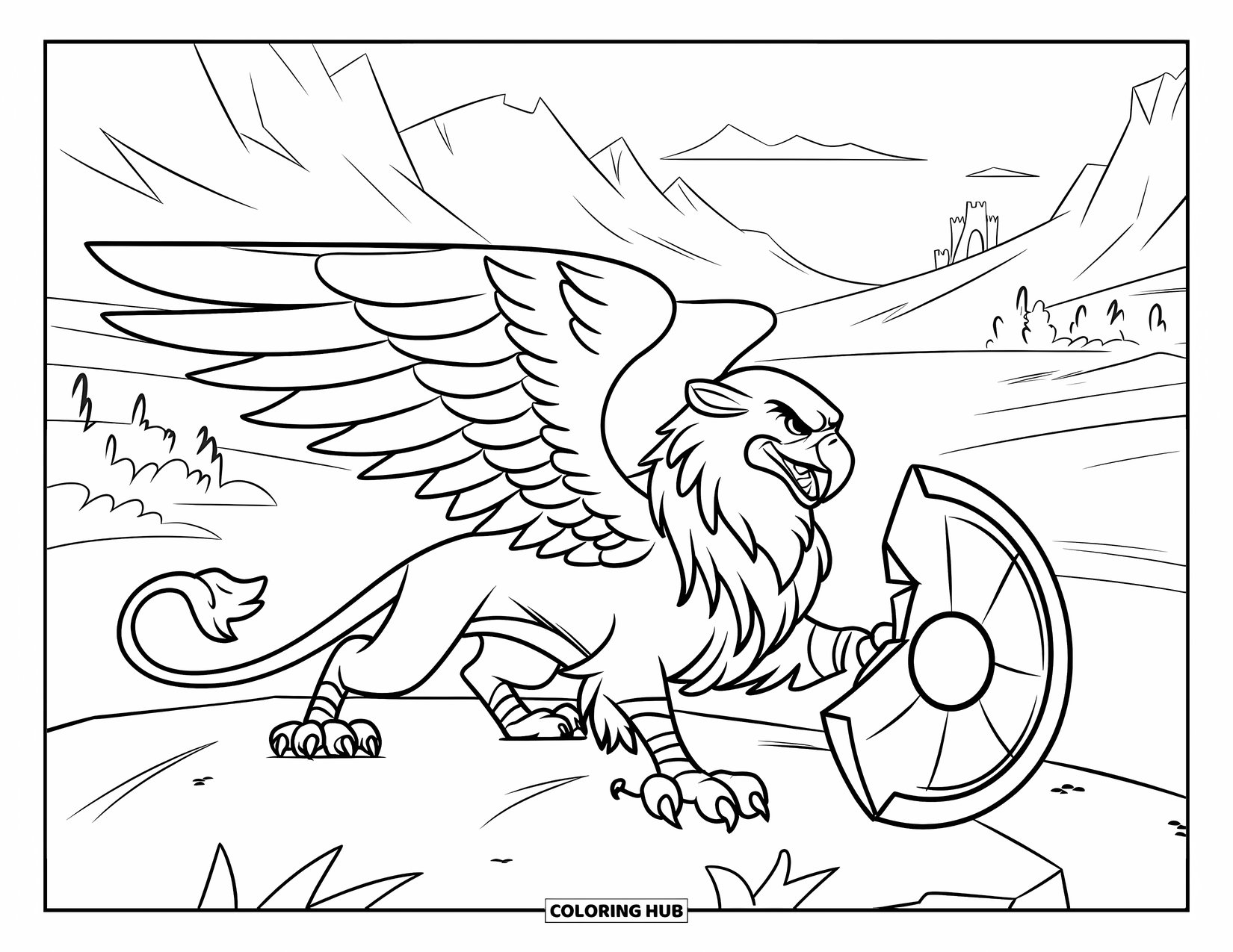 Griffin Coloring Page for Kids: A battle-ready griffin stands near a broken shield with a castle in the distance