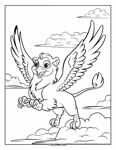 Fargeleggingsark med griffin for barn: En glad griffin svever gjennom en himmel fylt med luftige hvite skyer