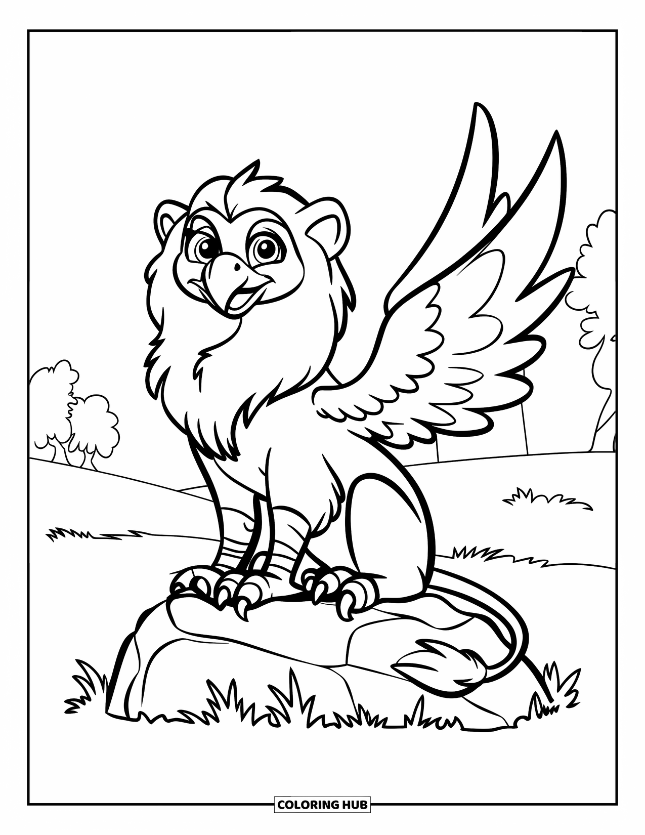 Griffin Coloring Page for Kids: A cute griffin sits calmly on a rock in a grassy field