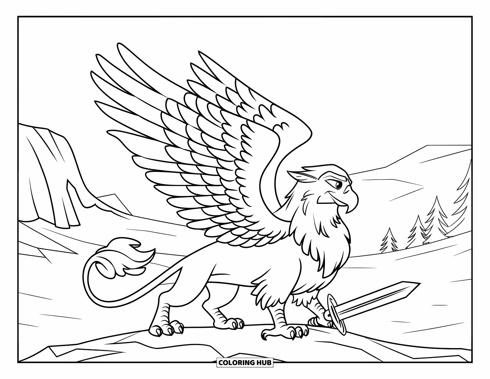Griffin Coloring Page for Kids: A detailed griffin holds a sword on rocky ground beneath a peaceful mountain sky
