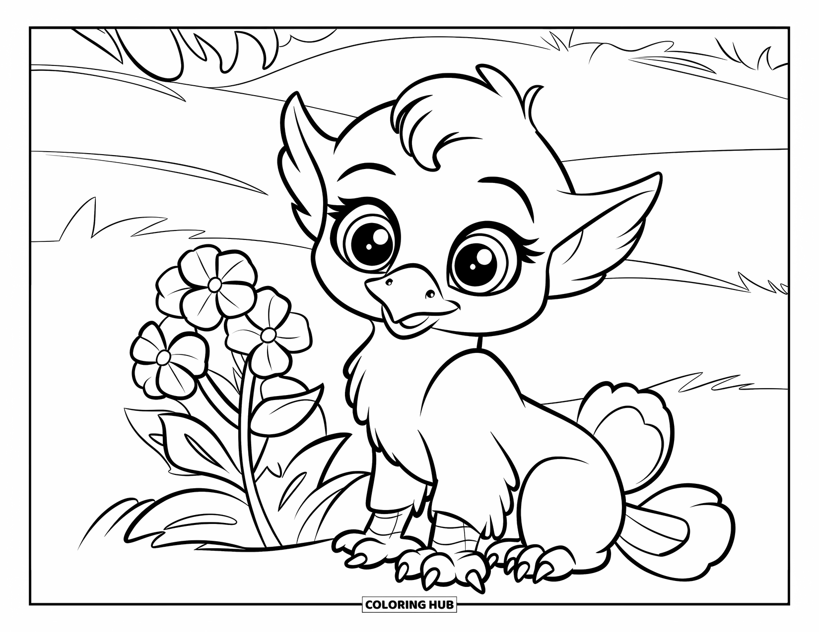 Griffin Coloring Page for Kids: A fluffy baby griffin rests near a flower bush in a sunny field