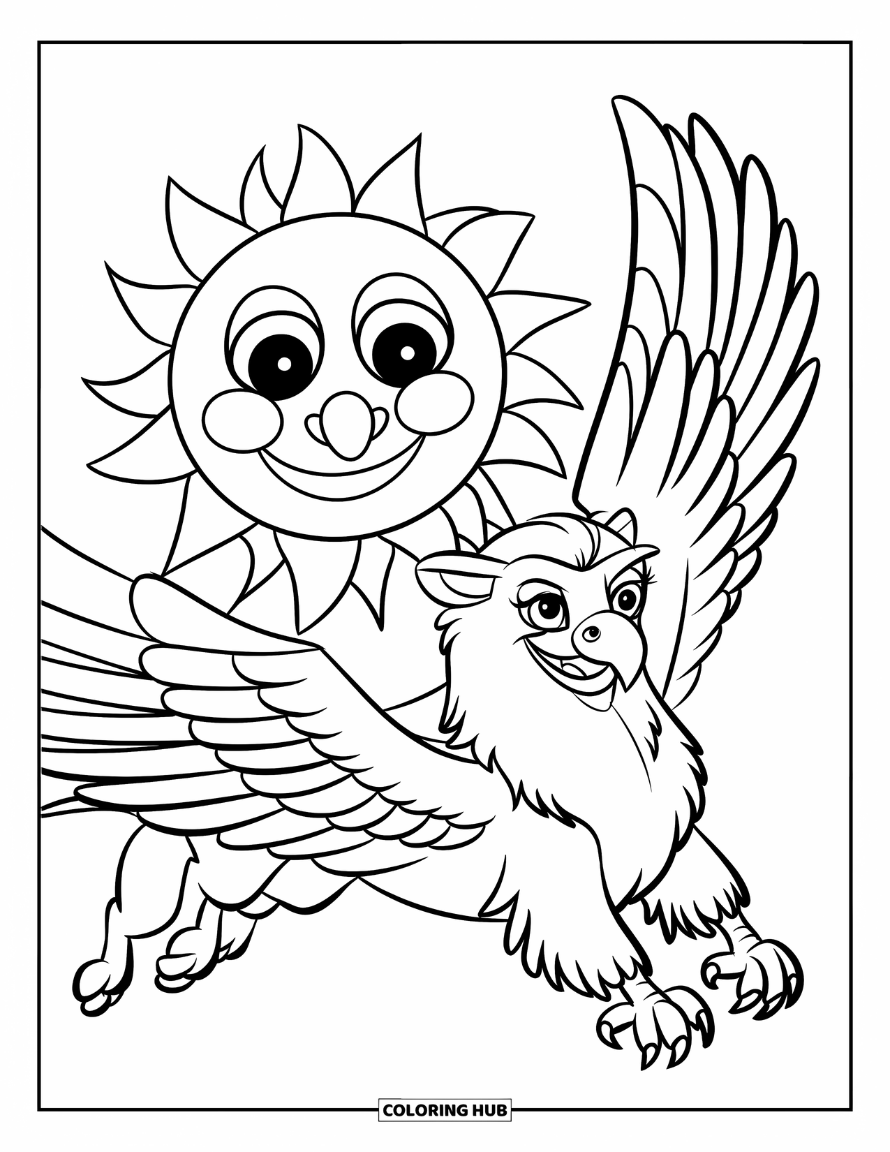 Griffin Coloring Page for Kids: A flying griffin and happy sun share the sky with bold, easy shapes
