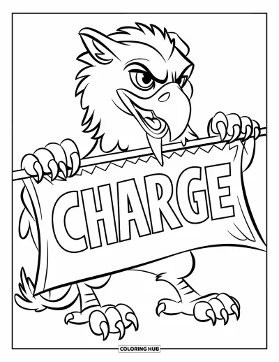 Fargeleggingsark med griffin for barn: En griffin holder et banner med teksten "Charge" i store bokstaver