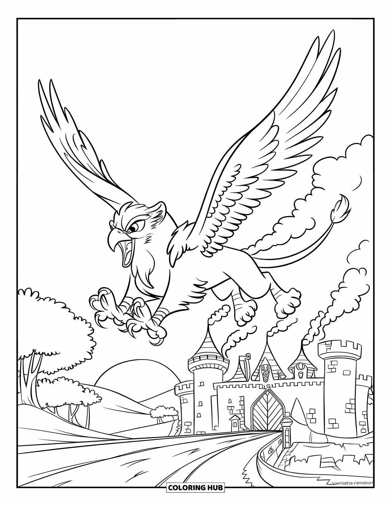 Griffin Coloring Page for Kids: A griffin flies above a smoking castle at sunset