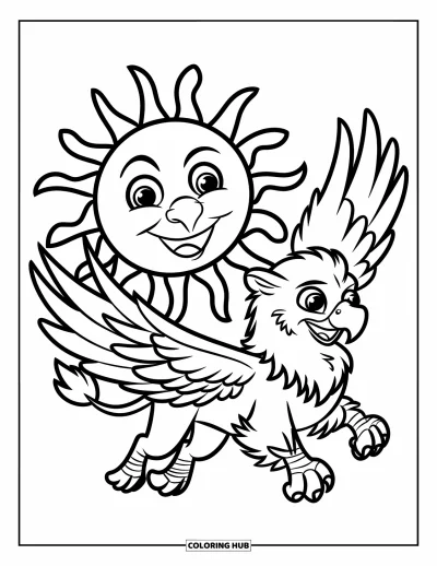 Fargeleggingsark med griffin for barn: En griffin flyr ved siden av en munter sol med et bredt smilende ansikt