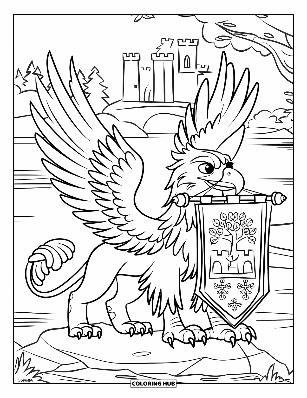 Griffin Coloring Page for Kids: A griffin holds a banner with a castle design in a peaceful valley