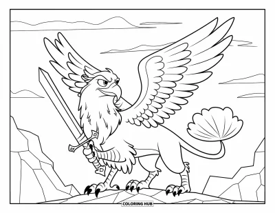 Fargeleggingsark med griffin for barn: En griffin holder et sverd mens den står under en skydekt himmel