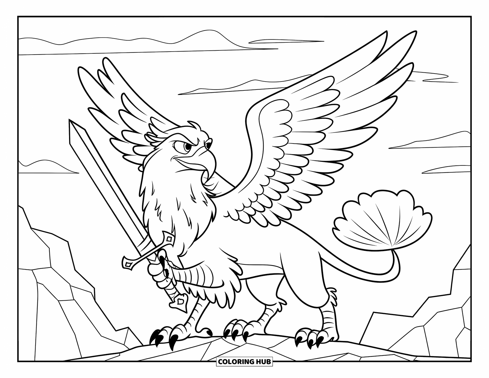 Griffin Coloring Page for Kids: A griffin holds a sword while standing under a cloudy sky
