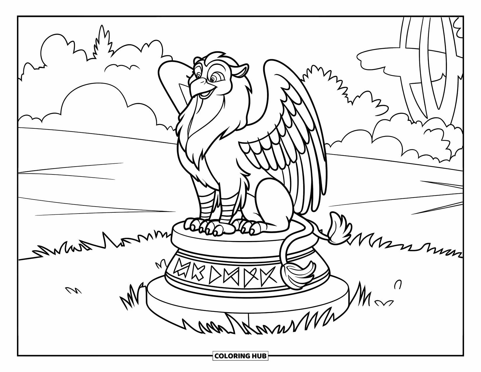 Griffin Coloring Page for Kids: A griffin sits calmly on a rune-covered pedestal in a grassy field