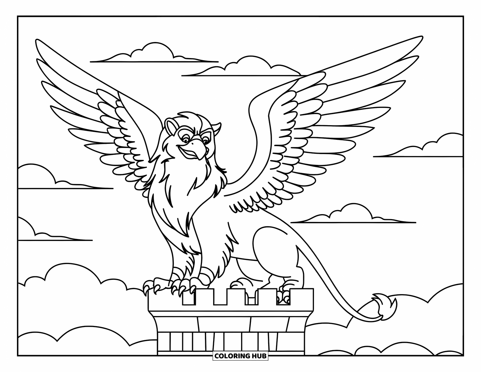 Griffin Coloring Page for Kids: A griffin sits proudly atop a castle tower with clouds in the sky