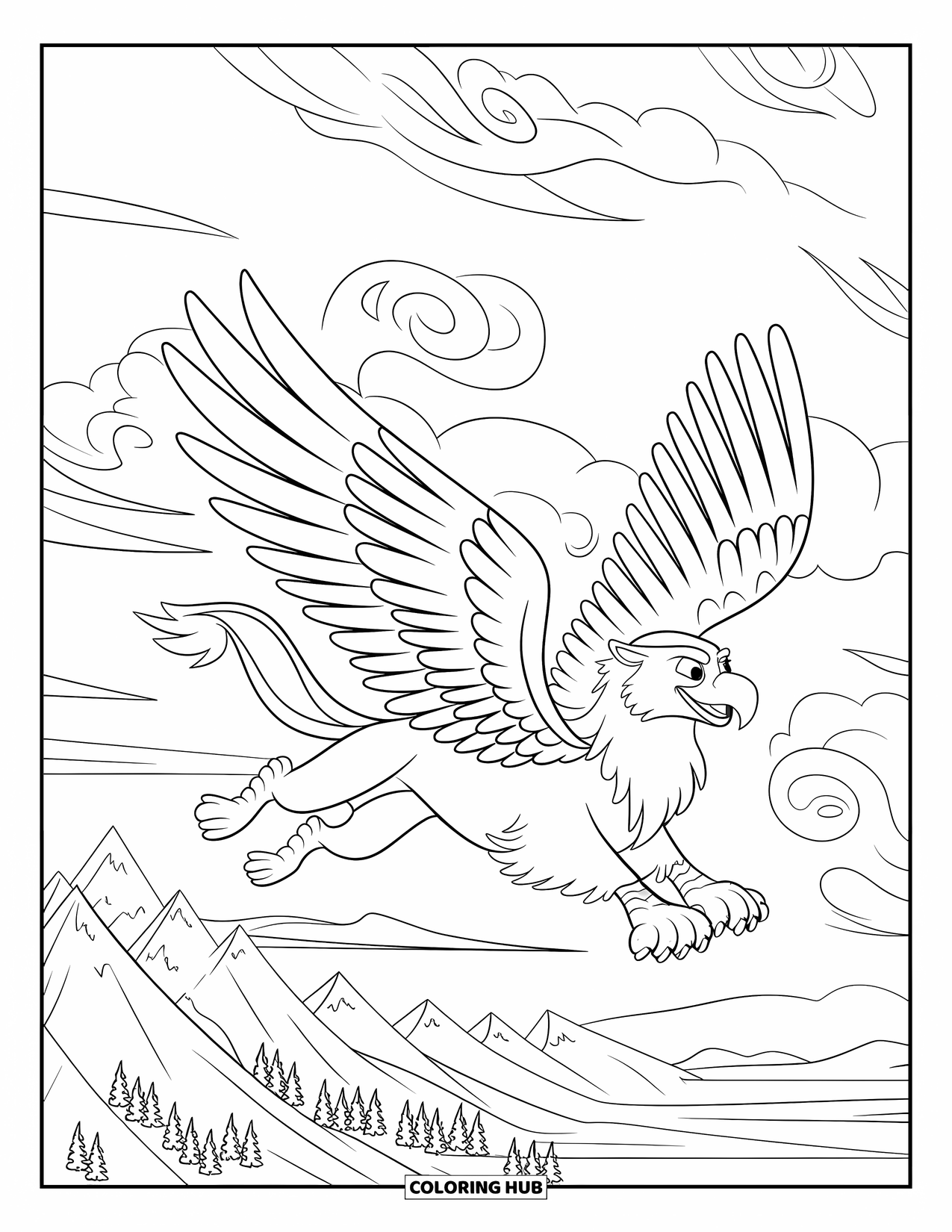 Griffin Coloring Page for Kids: A griffin soars near a mountain range with fluffy swirly clouds