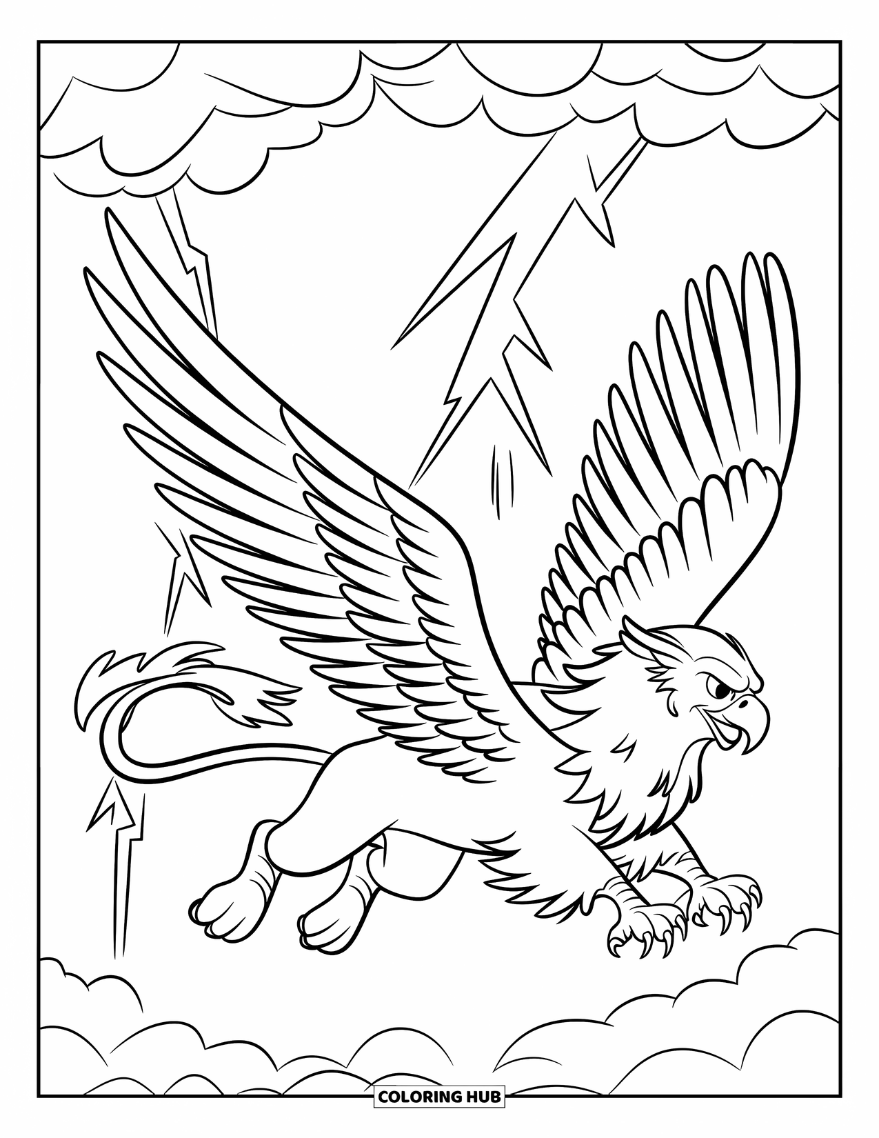 Griffin Coloring Page for Kids: A griffin soars through a thunderstorm with lightning bolts in the background