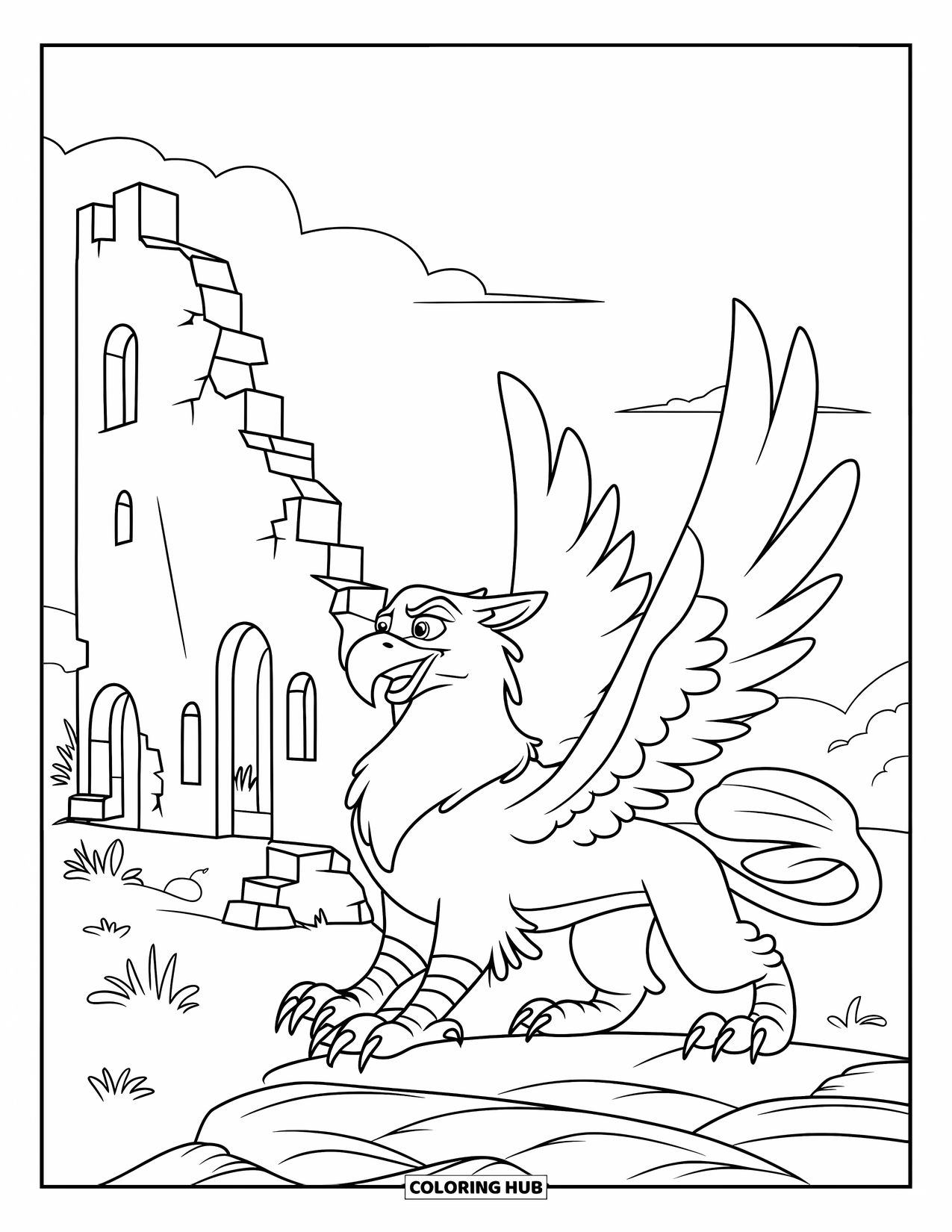 Griffin Coloring Page for Kids: A griffin watches over fallen castle walls and growing plants