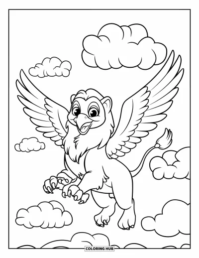 Fargeleggingsark med griffin for barn: En glad griffin glir over fluffy skyer i en fredelig himmel