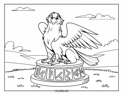 Fargeleggingsark med griffin for barn: En fredfull griffin sitter på et piedestal under en stille himmel