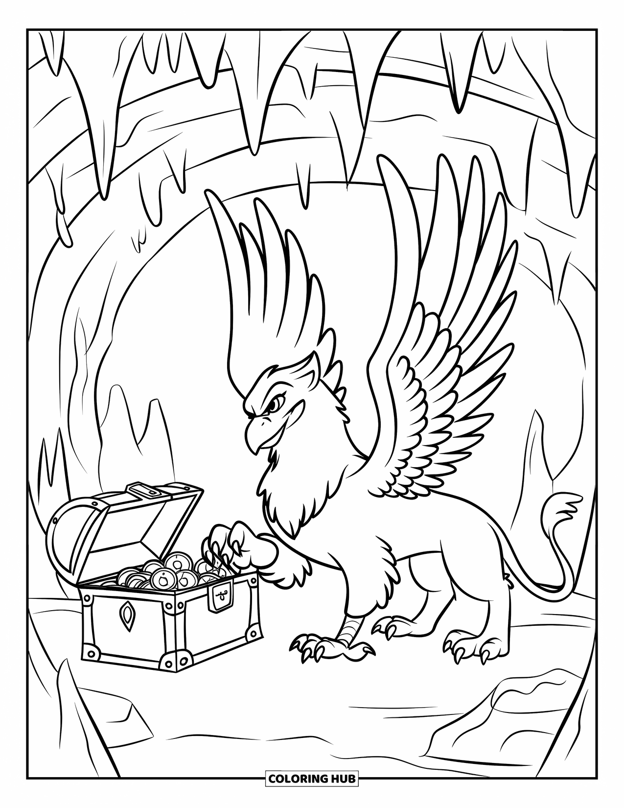 Griffin Coloring Page for Kids: A proud griffin stands near gold coins and a treasure chest in a dark cave
