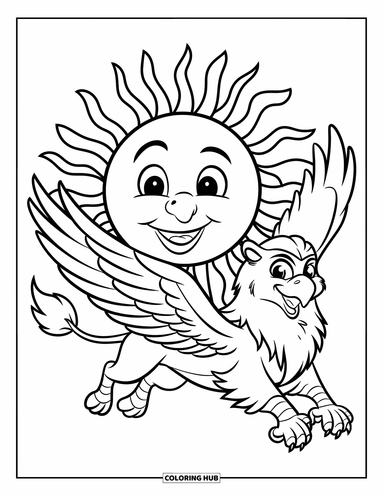 Griffin Coloring Page for Kids: A smiling sun and a griffin soar together in the sky