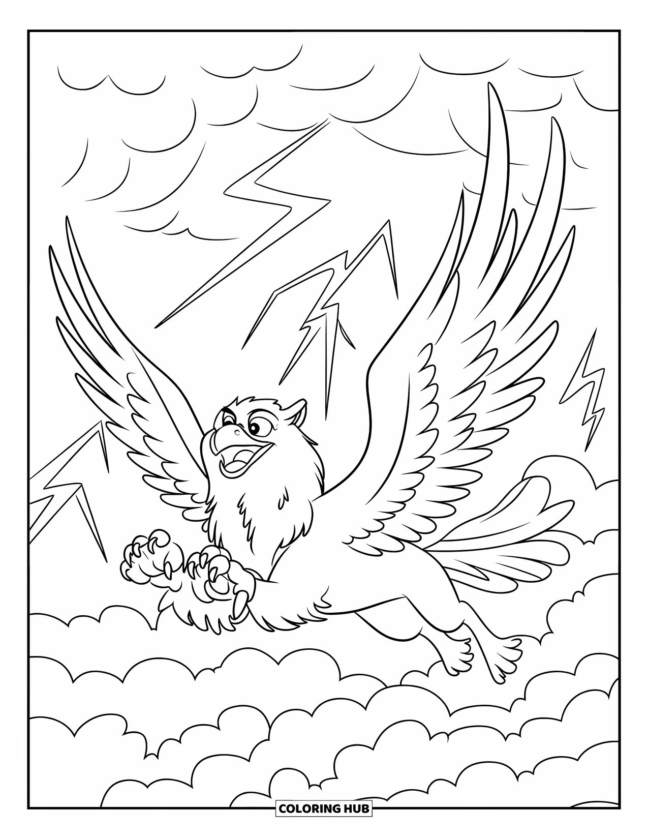 Griffin Coloring Page for Kids: A wide-eyed griffin flies through a thunderstorm with bold lightning all around