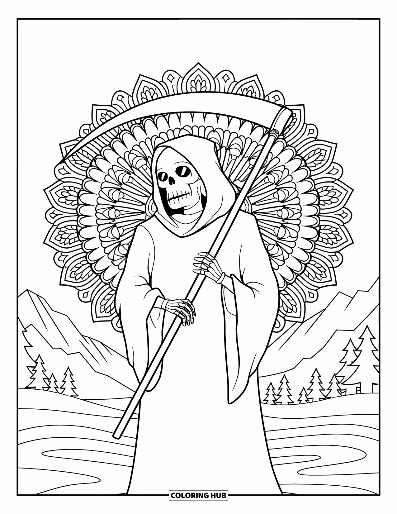 Grim Reaper Coloring Page for Adults: A botanical mandala surrounds the Reaper with a scythe and nature behind