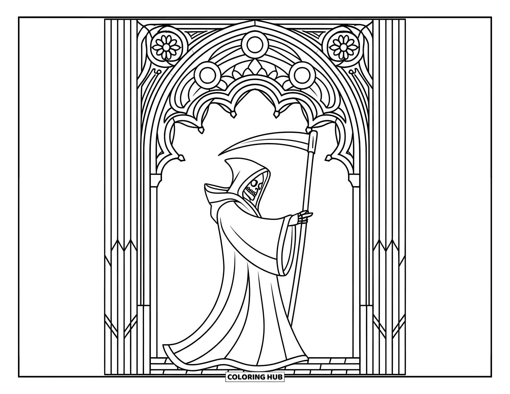 Grim Reaper Coloring Page for Adults: A hooded Reaper walks under a stained glass arch near a gothic church