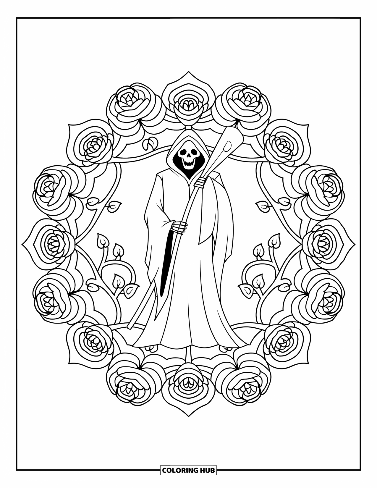 Grim Reaper Coloring Page for Adults: A rose and vine mandala surrounds the Reaper in the center