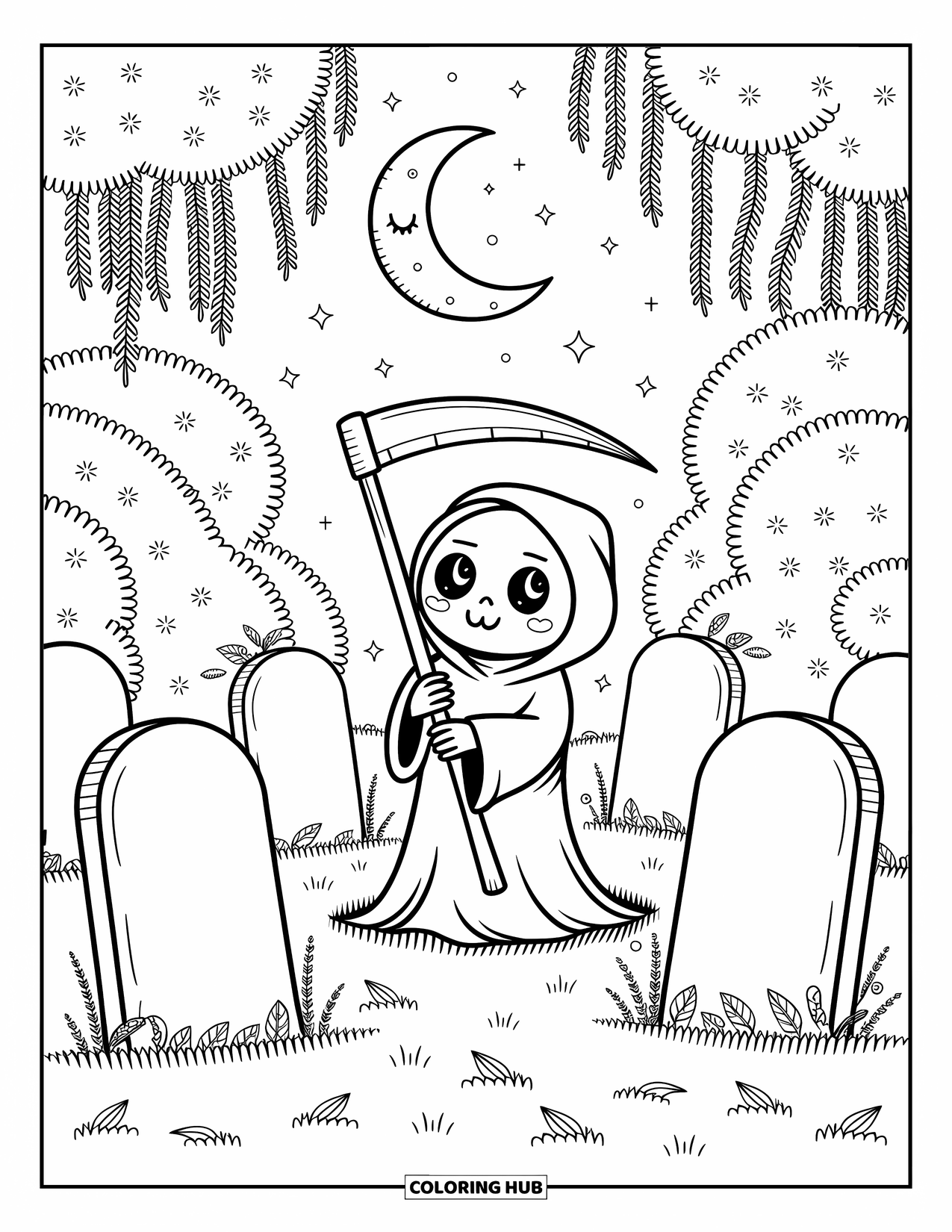 Grim Reaper Coloring Page for Adults: Fallen leaves and glowing stars surround the Reaper in a gentle, quiet graveyard