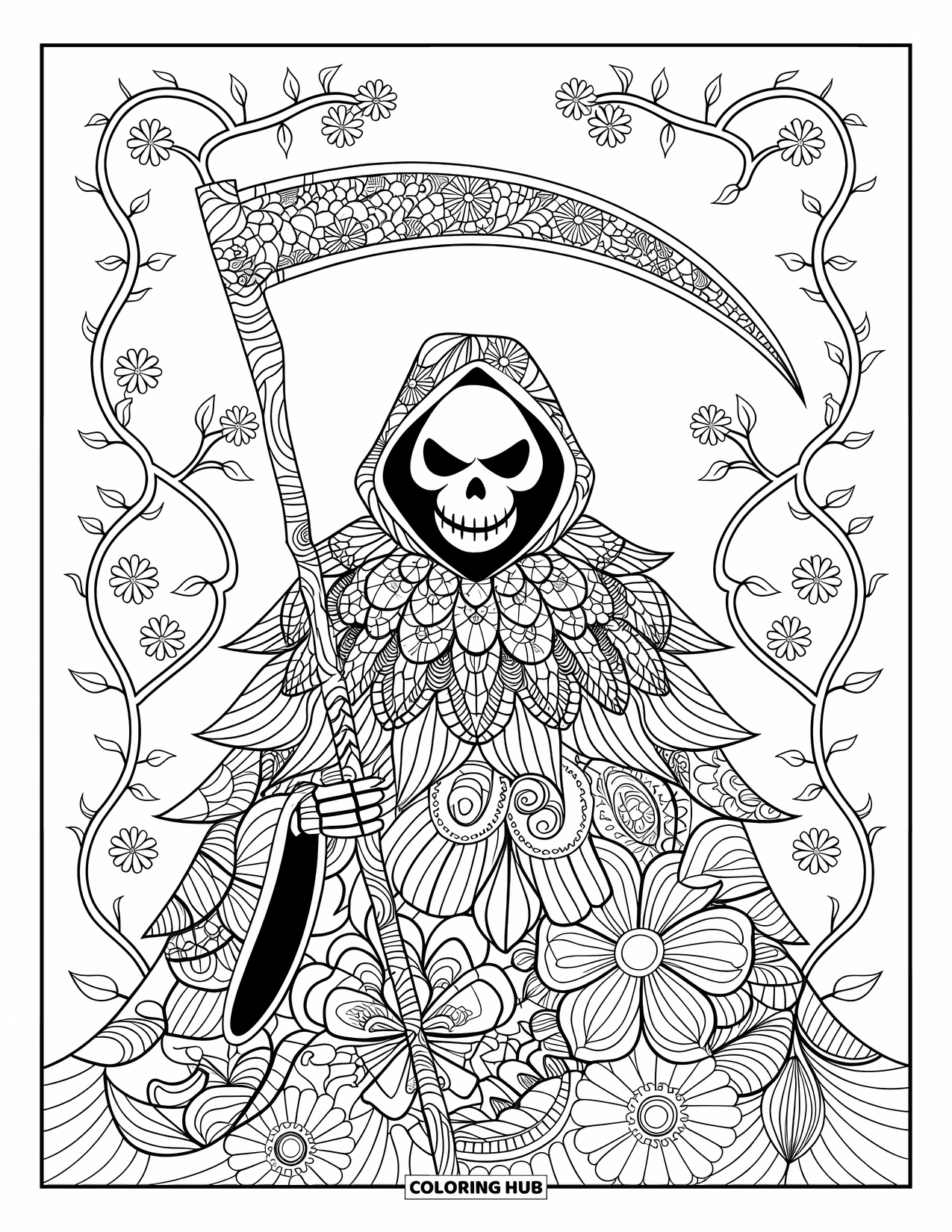 Grim Reaper Coloring Page for Adults: Floral vines and patterns wrap around the Reaper and their scythe