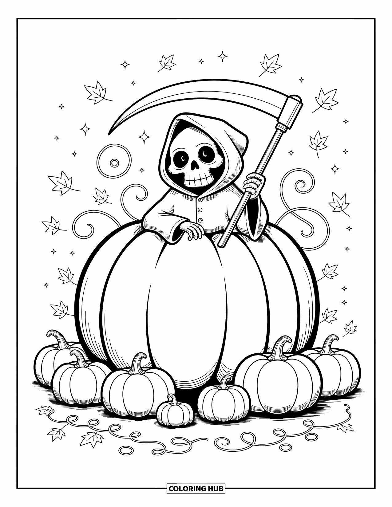 Grim Reaper Coloring Page for Adults: Pumpkins, sparkles, and vines surround the Reaper on a cozy autumn night
