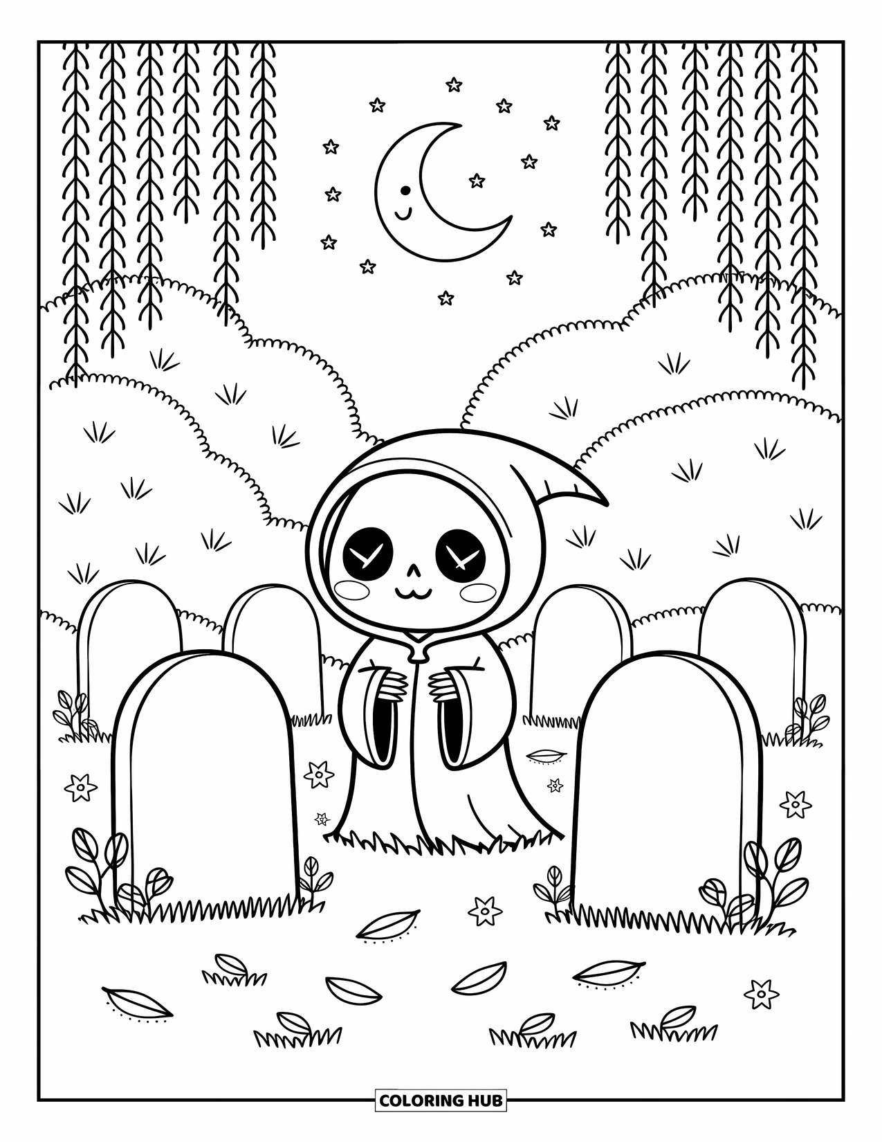 Grim Reaper Coloring Page for Adults: The Reaper stands among round gravestones, with stars and a glowing moon above