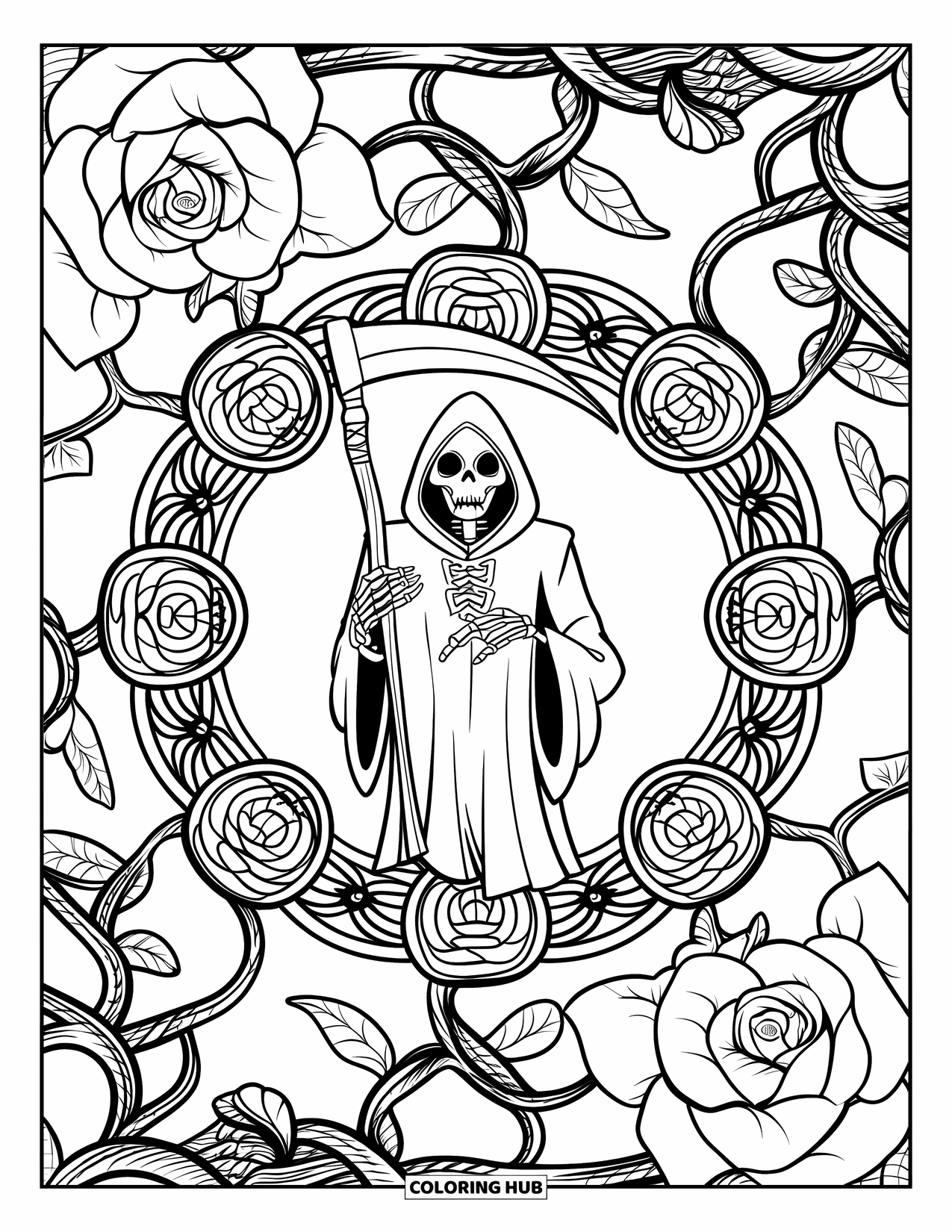 Grim Reaper Coloring Page for Adults: The Reaper stands inside a rose and vine mandala filled with swirling details