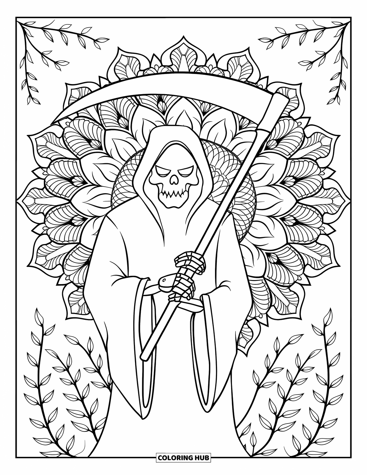 Grim Reaper Coloring Page for Adults: The Reaper stands with a scythe against a full mandala of flowers and vines