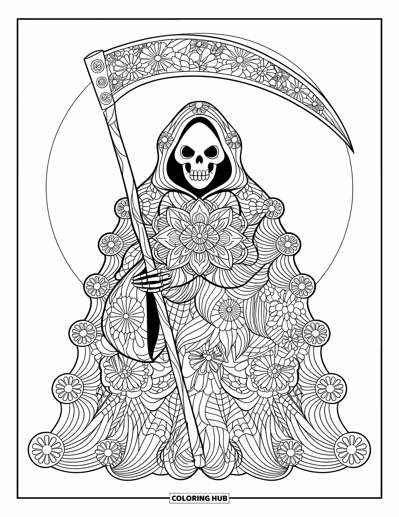 Grim Reaper Coloring Page for Adults: The Reaper's robe blooms with layered floral mandala patterns