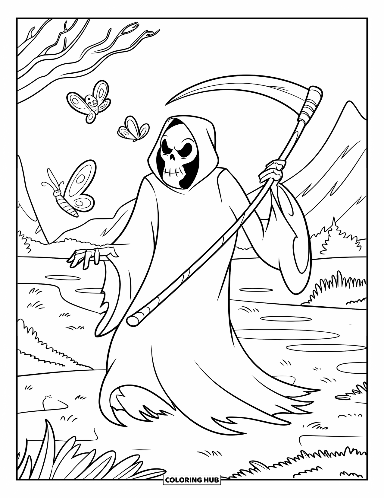 Grim Reaper Coloring Page for Kids: A gentle Reaper chases butterflies through a calm, nature-filled landscape
