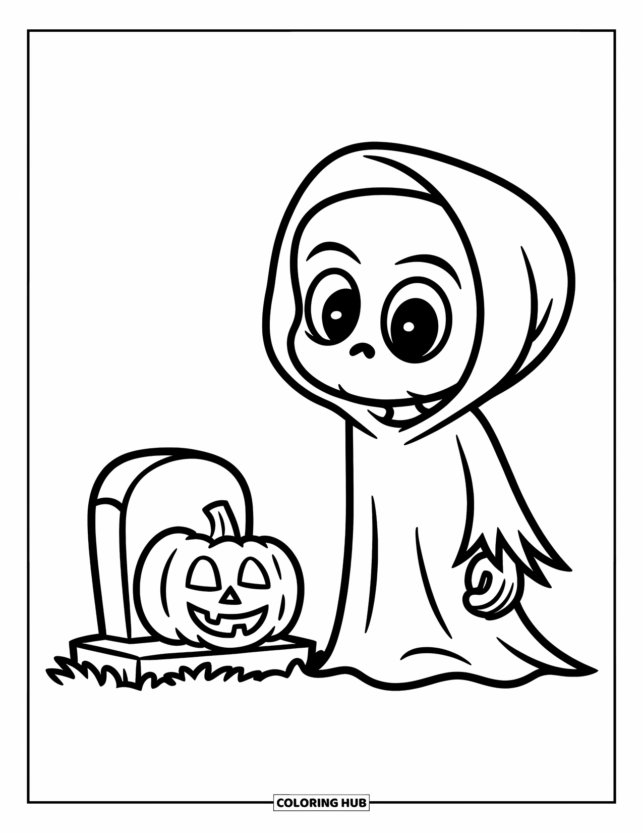 Grim Reaper Coloring Page for Kids: A little Reaper in a robe stands near a tombstone with a pumpkin