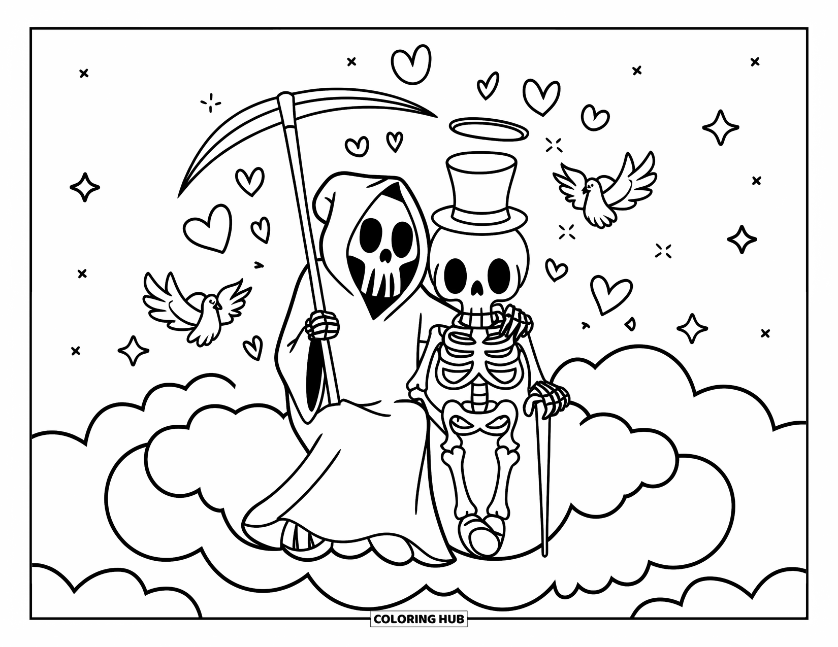 Grim Reaper Coloring Page for Kids: A Reaper and skeleton sit on a cloud with stars, hearts, and doves around them