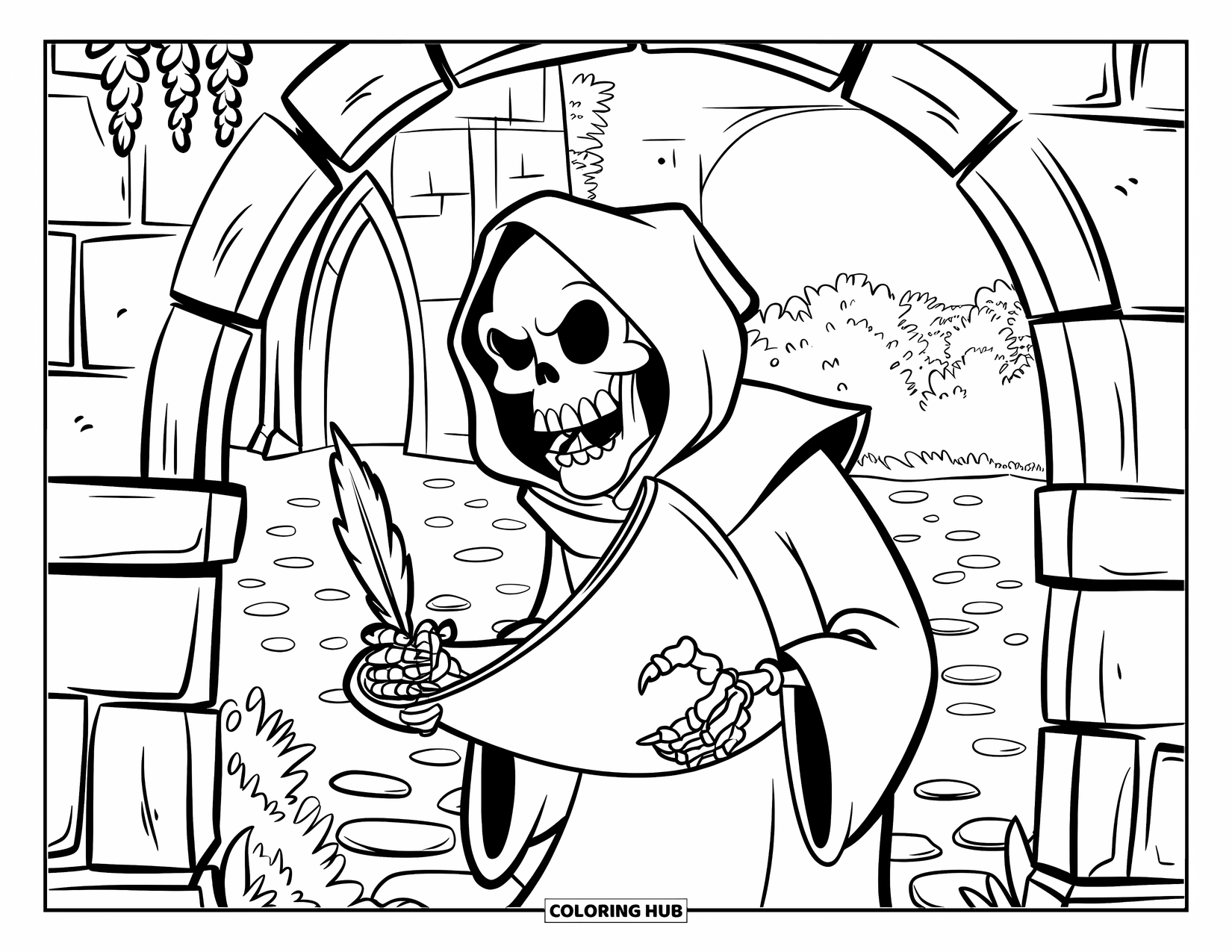Grim Reaper Coloring Page for Kids: A Reaper stands with a scroll and quill beneath a stone arch in a courtyard