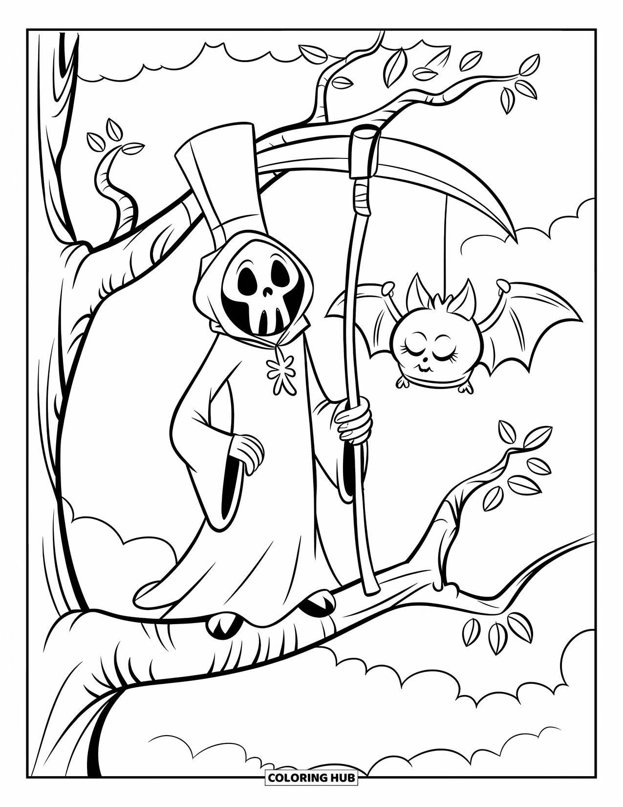 Grim Reaper Coloring Page for Kids: A sleepy bat hangs above the Reaper under a cloudy sky