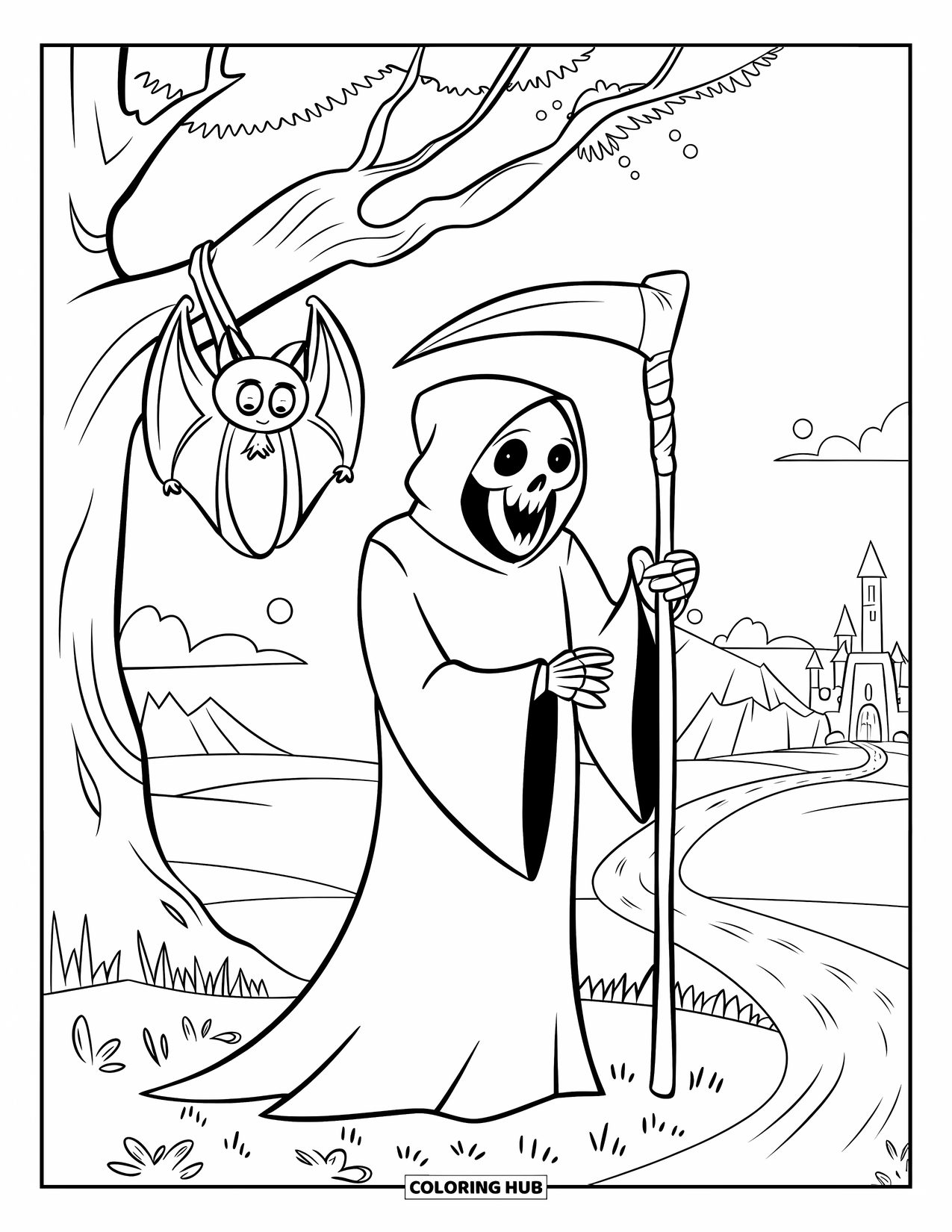 Grim Reaper Coloring Page for Kids: A sleepy bat hangs from a tree as the Reaper stands nearby