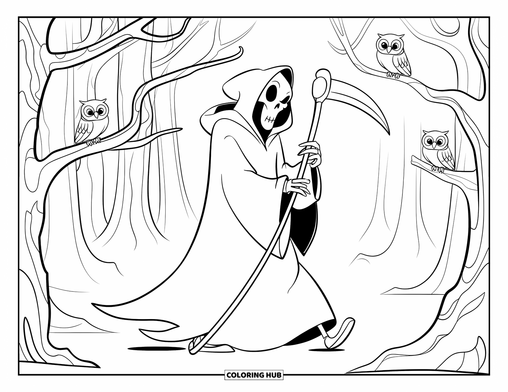 Grim Reaper Coloring Page for Kids: Crooked trees and watchful owls line the Reaper's forest path
